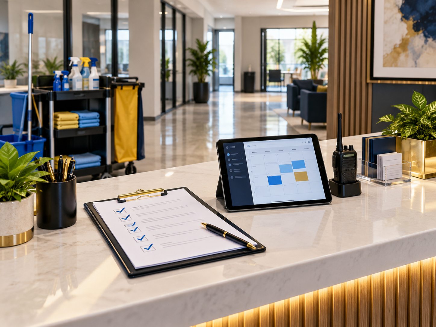 Organized commercial cleaning service station representing planning, communication, and reliable service